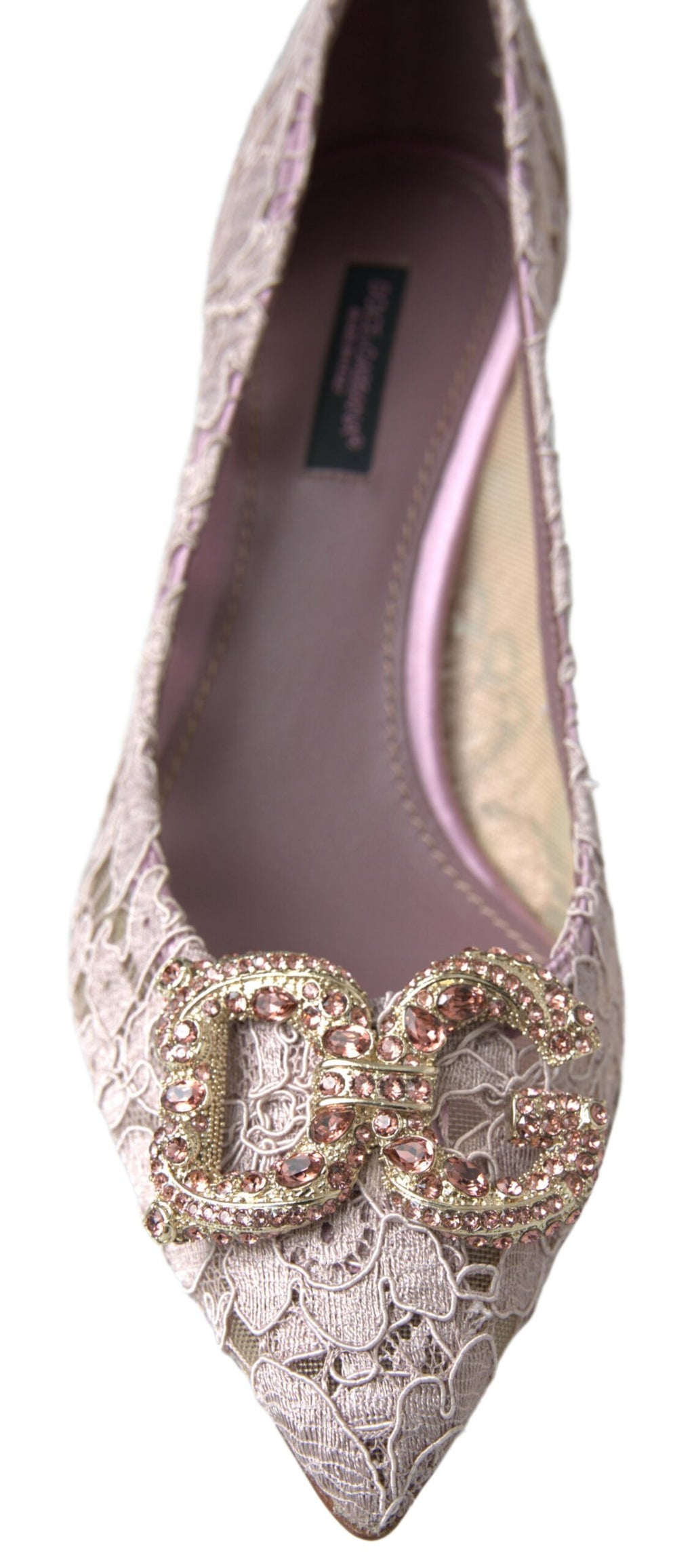 Rosa Pumps mit Blumenspitze und Kristallen in DG-Optik