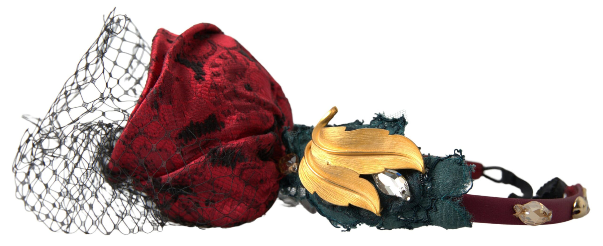 Rotes Haarband mit mehrfarbigem Rosen-Seidenkristallnetz und Logo-Diadem