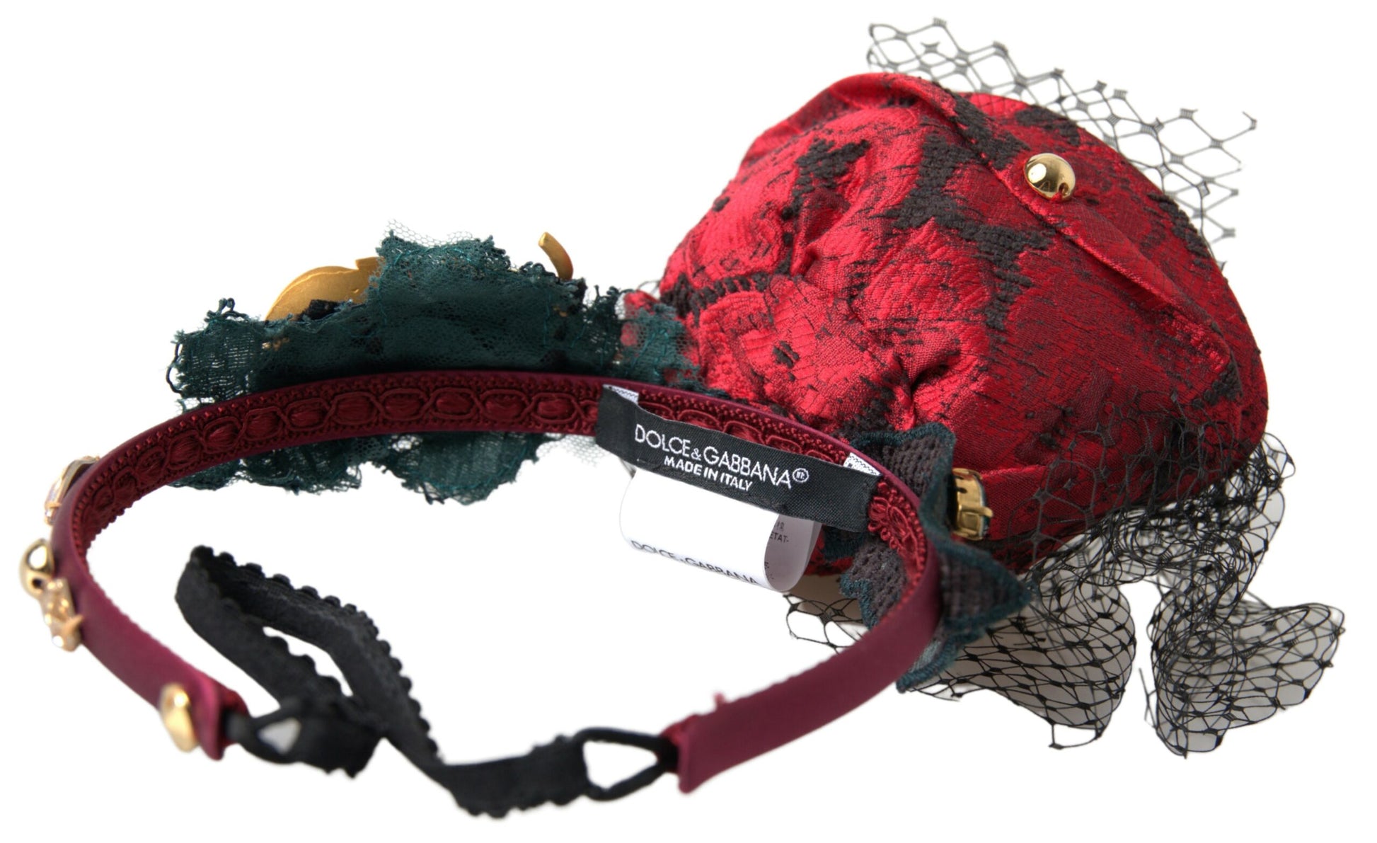 Rotes Haarband mit mehrfarbigem Rosen-Seidenkristallnetz und Logo-Diadem