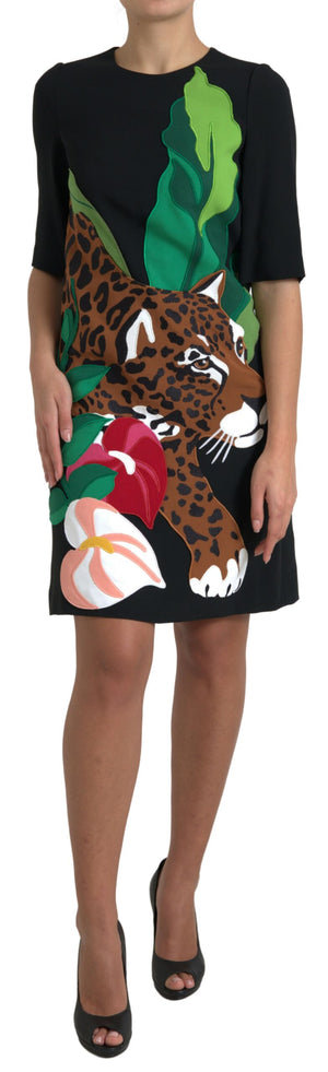 Schwarzes Stretch-Etuikleid mit Tiger-Dschungel-Print