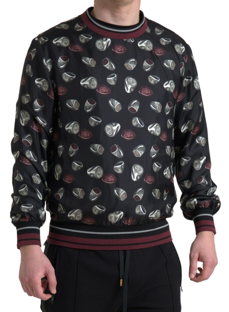 Schwarzer Seidenpullover mit Rundhalsausschnitt und Ringmuster