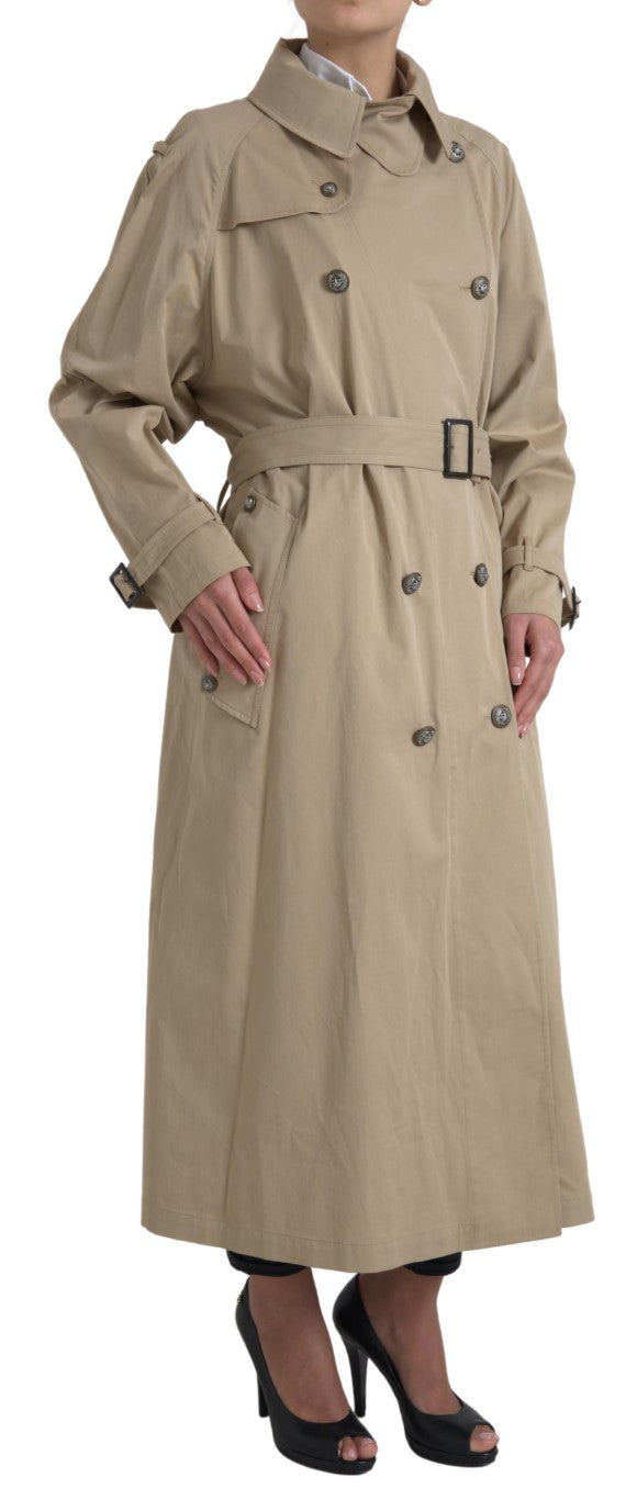 Khakifarbene, zweireihige Trenchcoat-Jacke