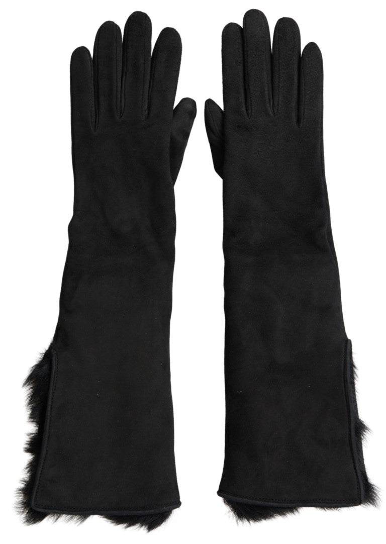 Schwarze Lederpelzhandschuhe in Ellenbogenlänge