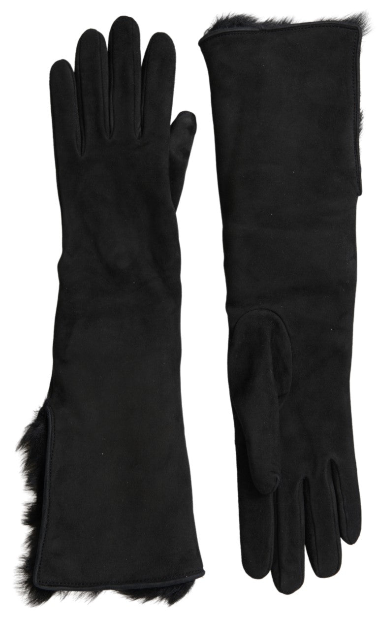 Schwarze Lederpelzhandschuhe in Ellenbogenlänge