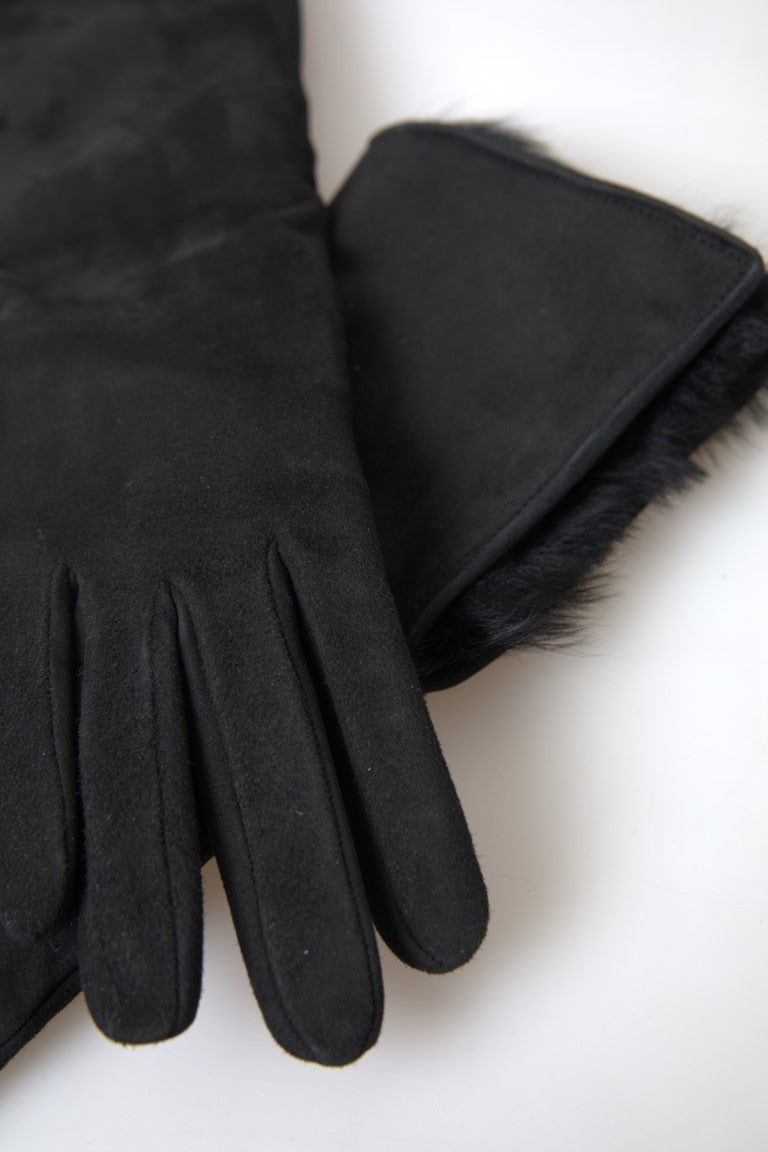 Schwarze Lederpelzhandschuhe in Ellenbogenlänge