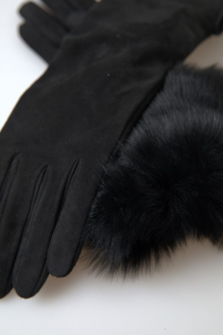 Schwarze Lederpelzhandschuhe in Ellenbogenlänge