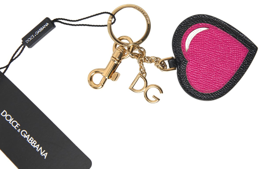 Schlüsselanhänger aus Leder mit Herz in Schwarz und Fuchsia, goldfarben