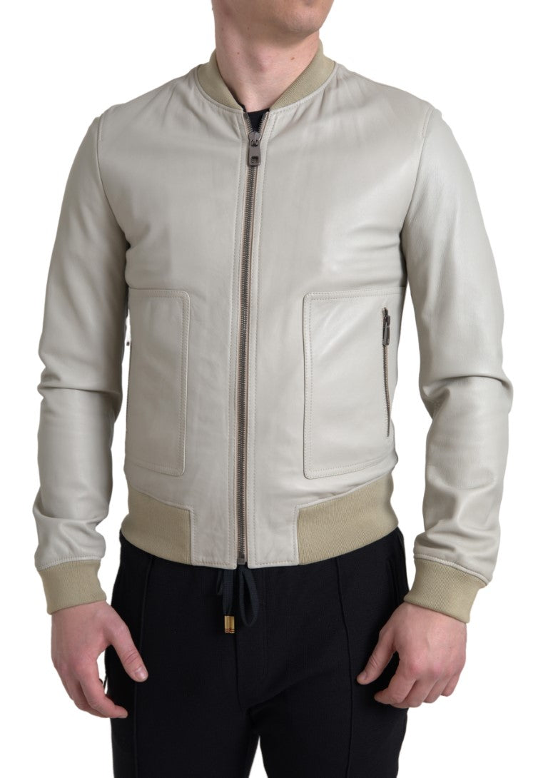Cremefarbene Bomber-Blousonjacke aus Leder mit durchgehendem Reißverschluss