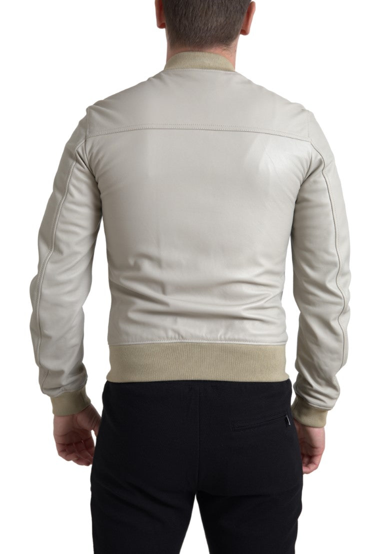 Cremefarbene Bomber-Blousonjacke aus Leder mit durchgehendem Reißverschluss