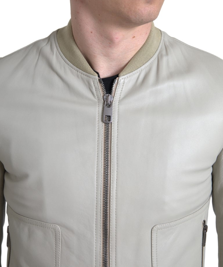 Cremefarbene Bomber-Blousonjacke aus Leder mit durchgehendem Reißverschluss