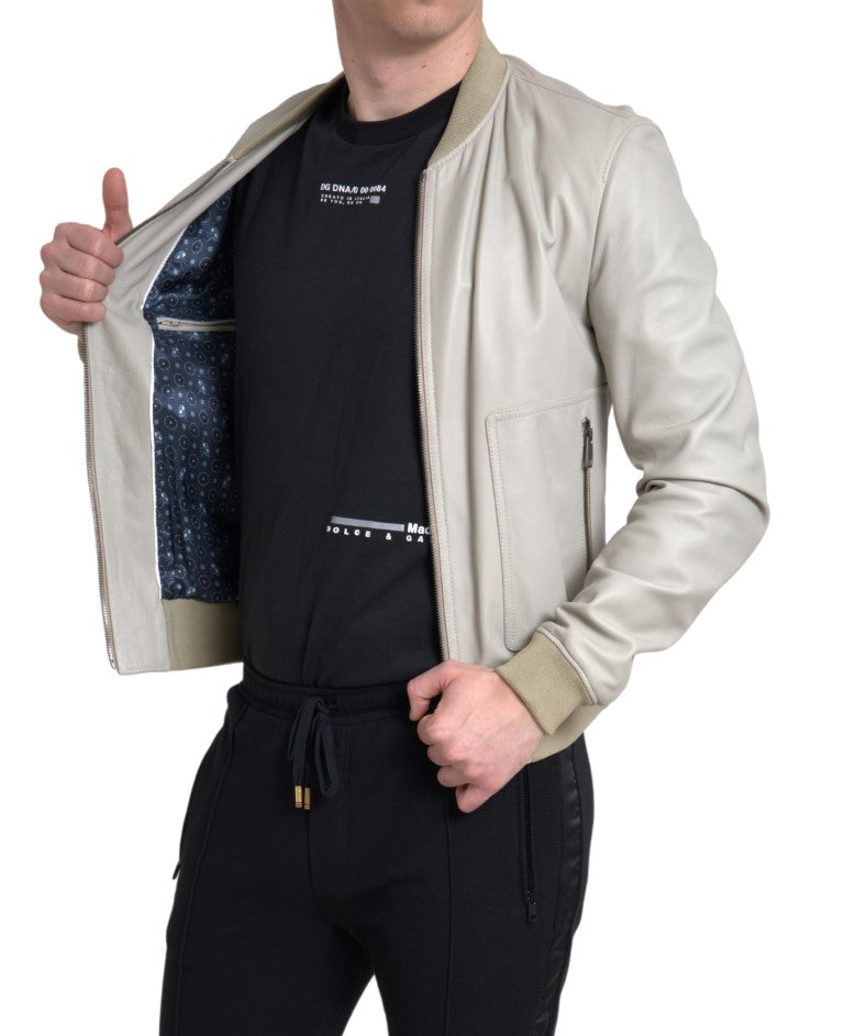 Cremefarbene Bomber-Blousonjacke aus Leder mit durchgehendem Reißverschluss