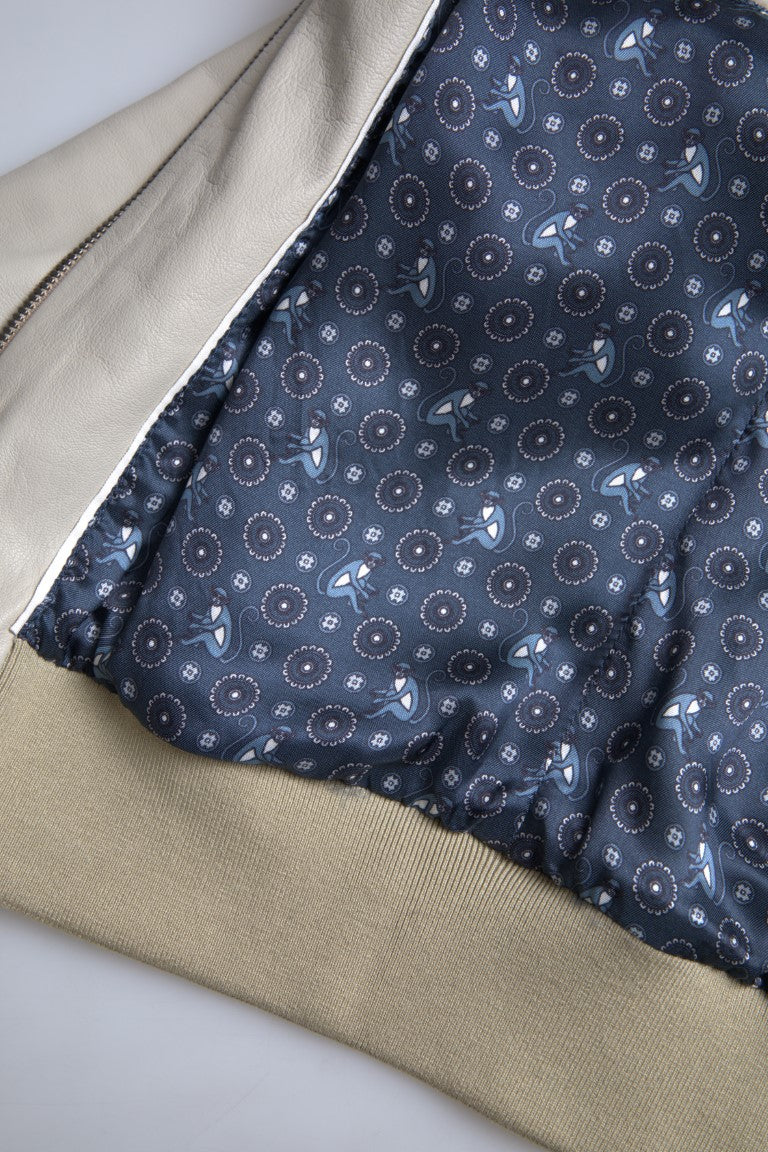 Cremefarbene Bomber-Blousonjacke aus Leder mit durchgehendem Reißverschluss