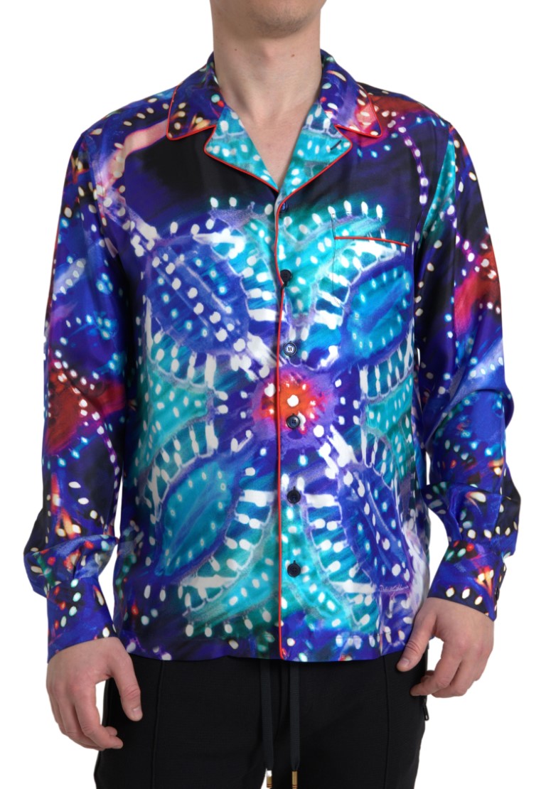 Mehrfarbiges Herren-Pyjamahemd aus Seide mit psychedelischem Print