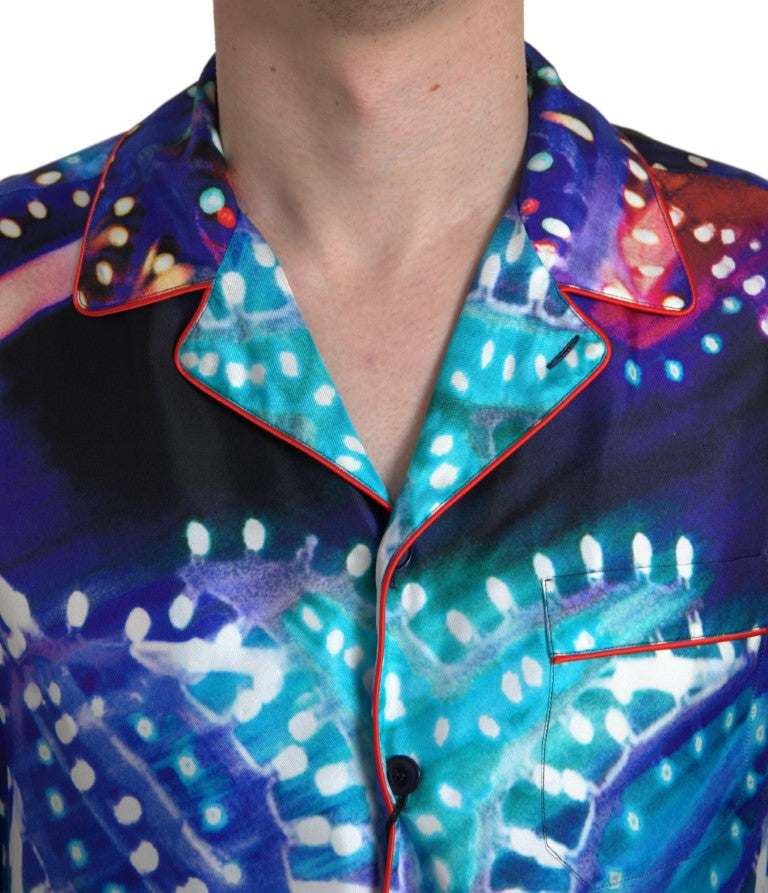 Mehrfarbiges Herren-Pyjamahemd aus Seide mit psychedelischem Print
