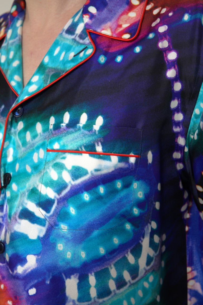 Mehrfarbiges Herren-Pyjamahemd aus Seide mit psychedelischem Print
