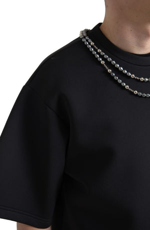 Schwarzes Polyester-T-Shirt mit Halskettenverzierung