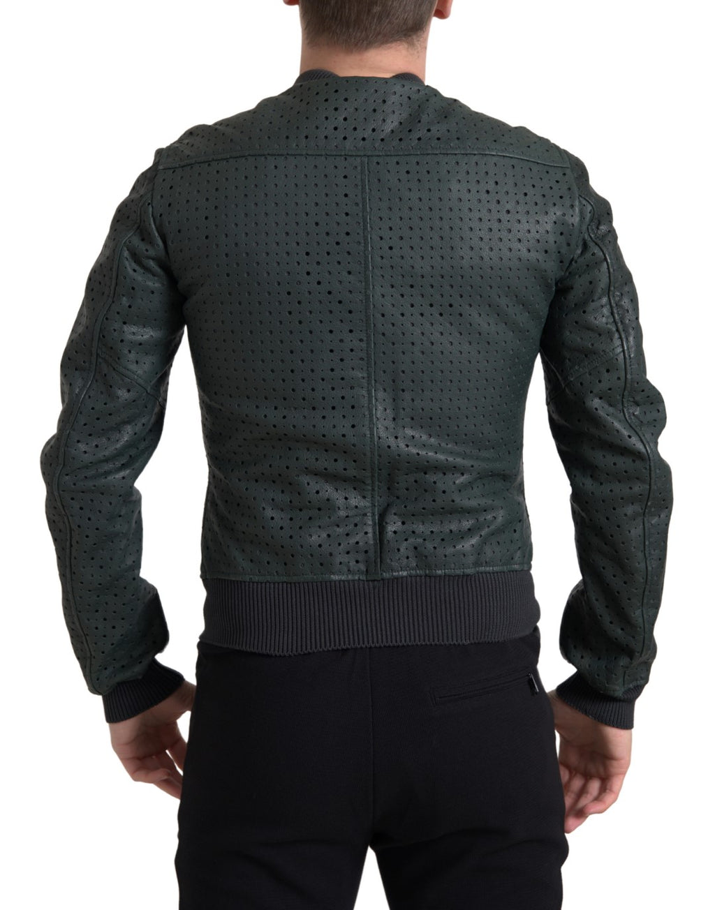 Grüne Bomberjacke aus perforiertem Leder
