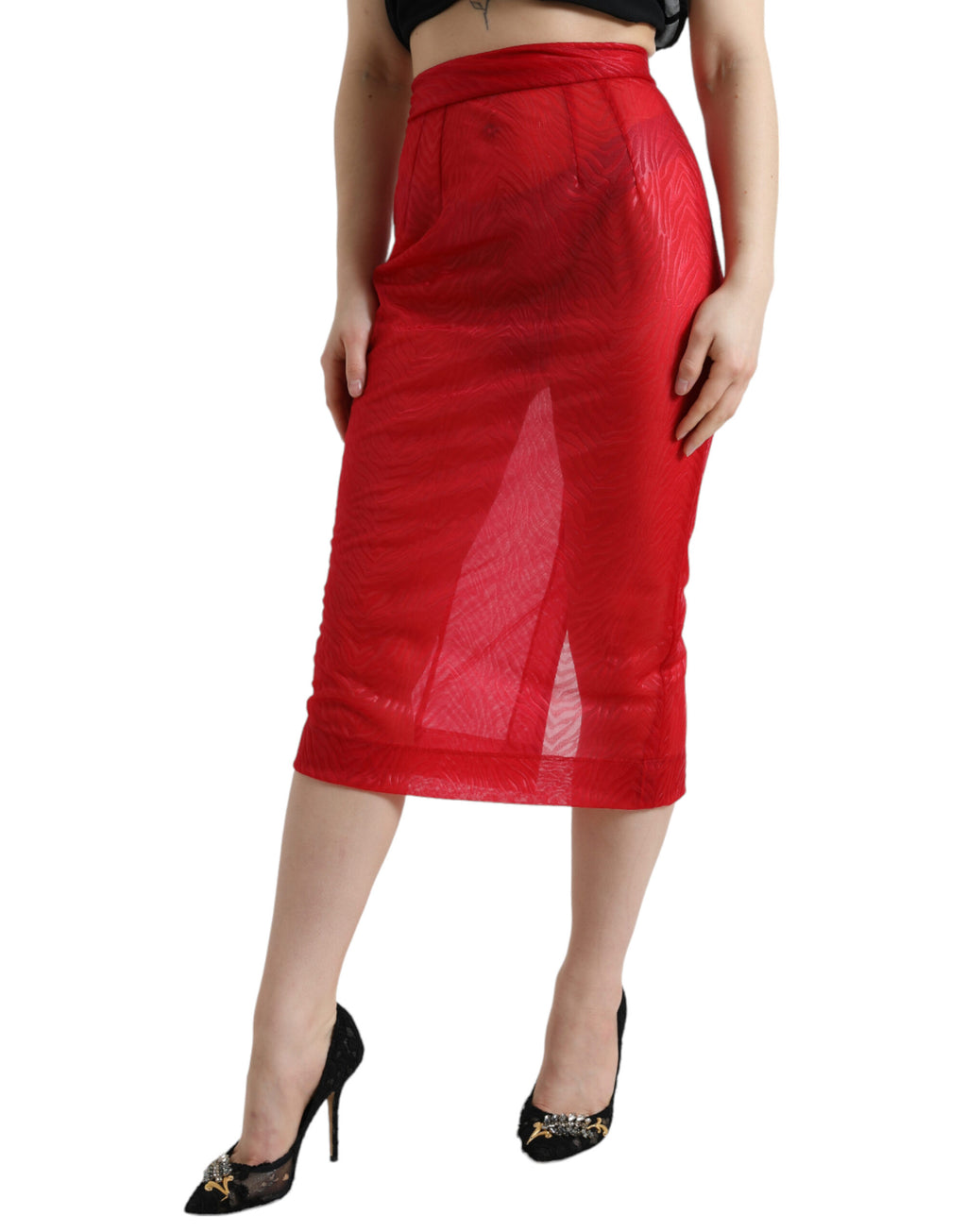 Roter transparenter Midirock mit hoher Taille und Bleistiftschnitt