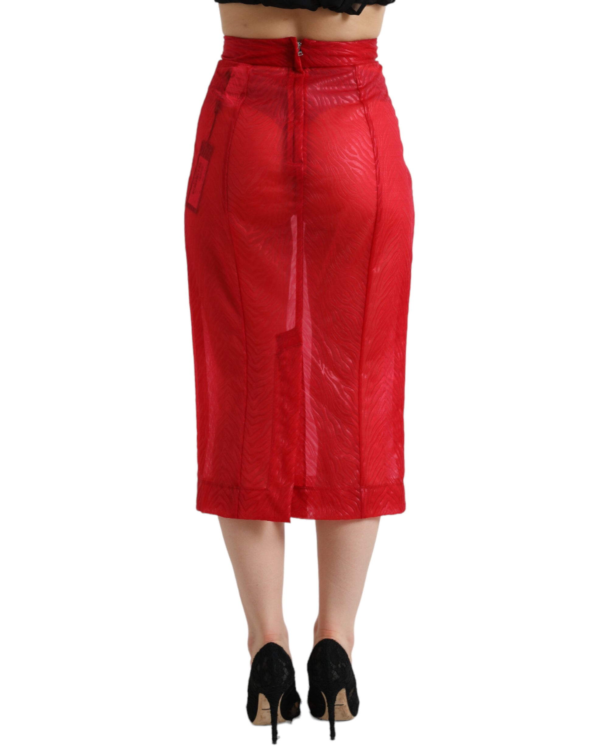 Roter transparenter Midirock mit hoher Taille und Bleistiftschnitt