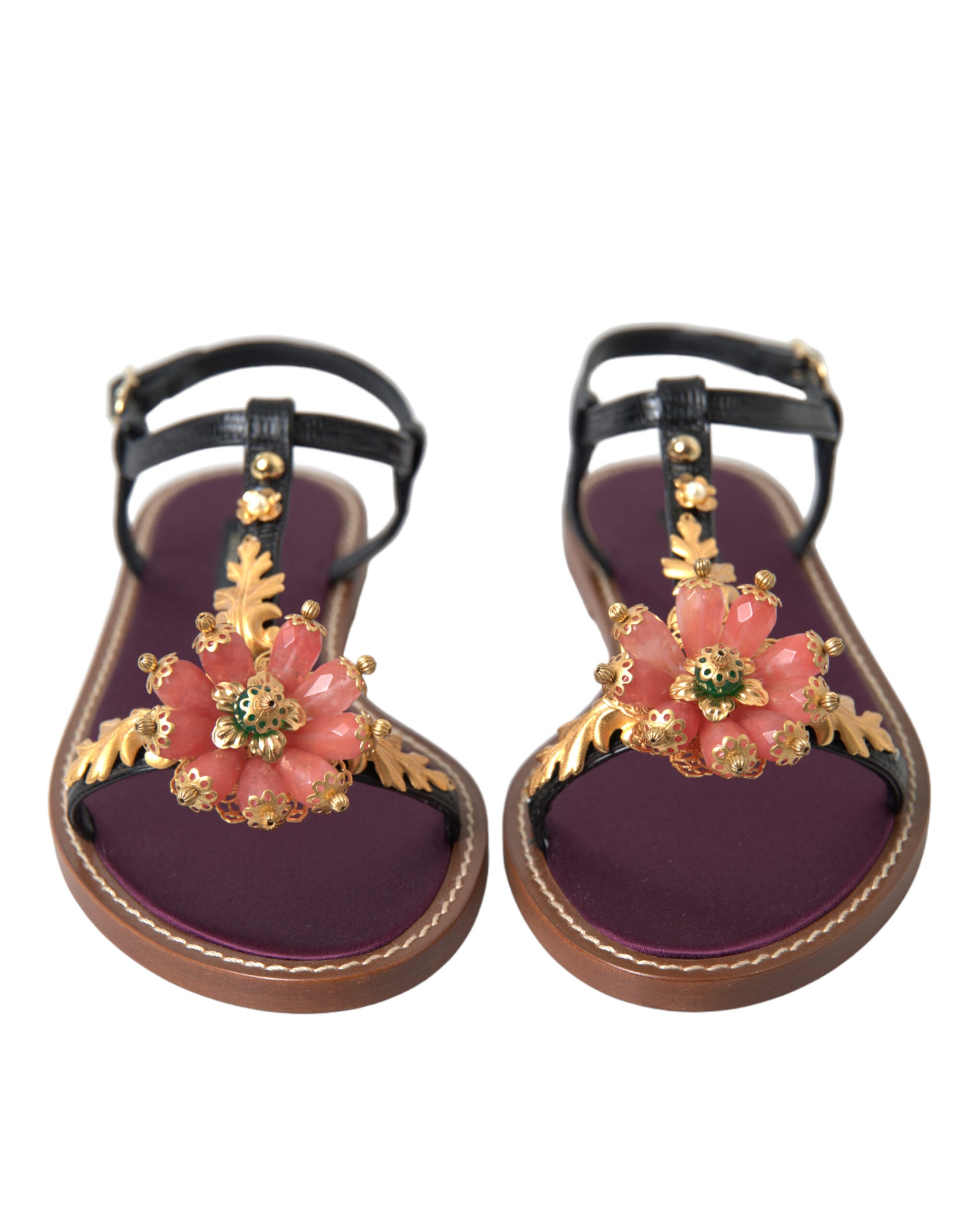 Schwarze Kristallgold-Sandalen aus Leder