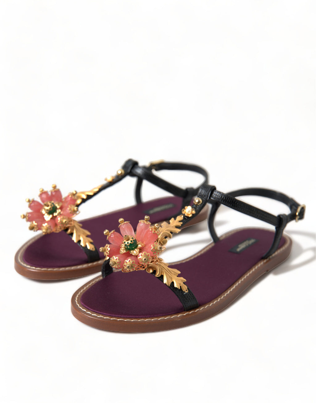 Schwarze Kristallgold-Sandalen aus Leder