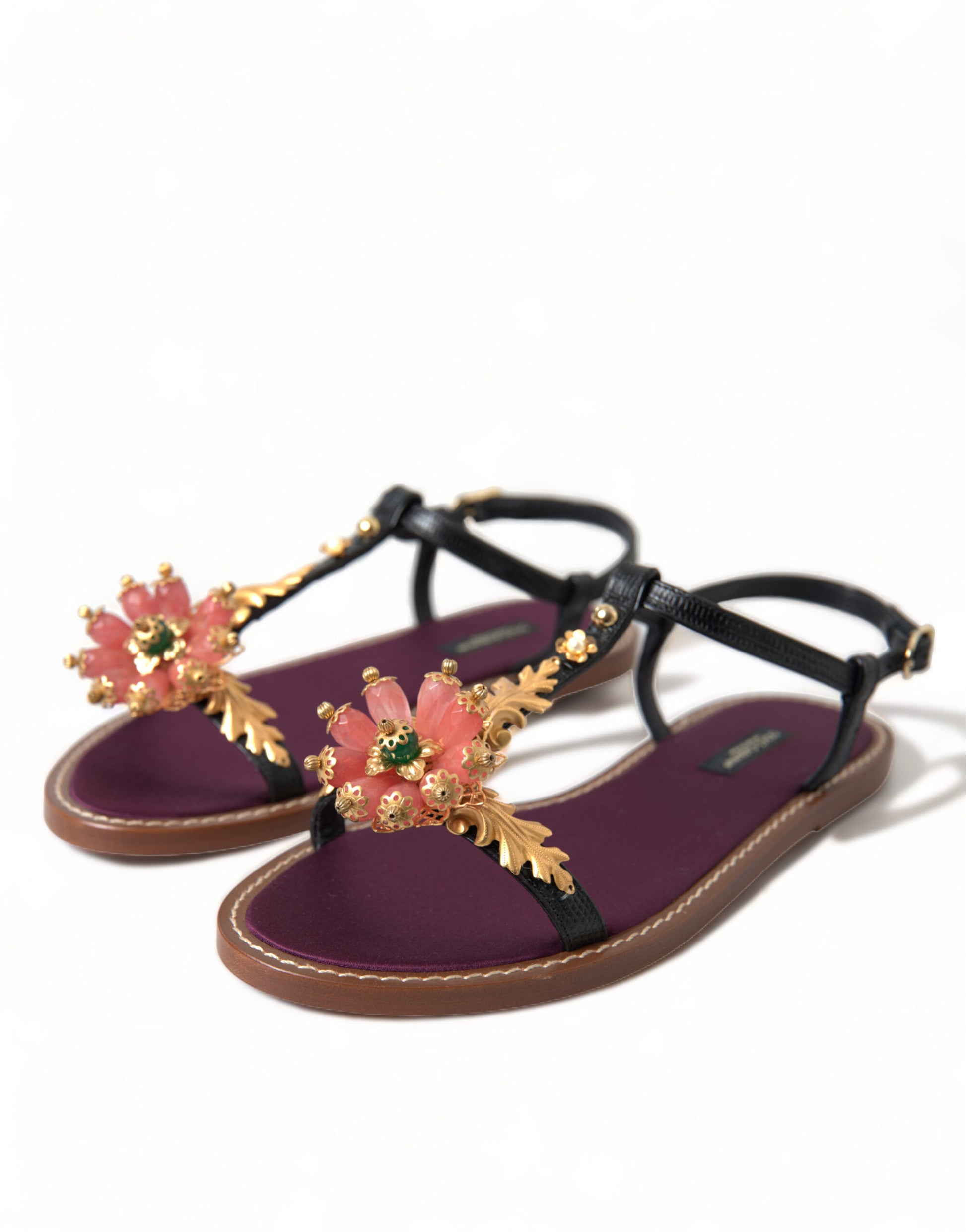 Schwarze Kristallgold-Sandalen aus Leder