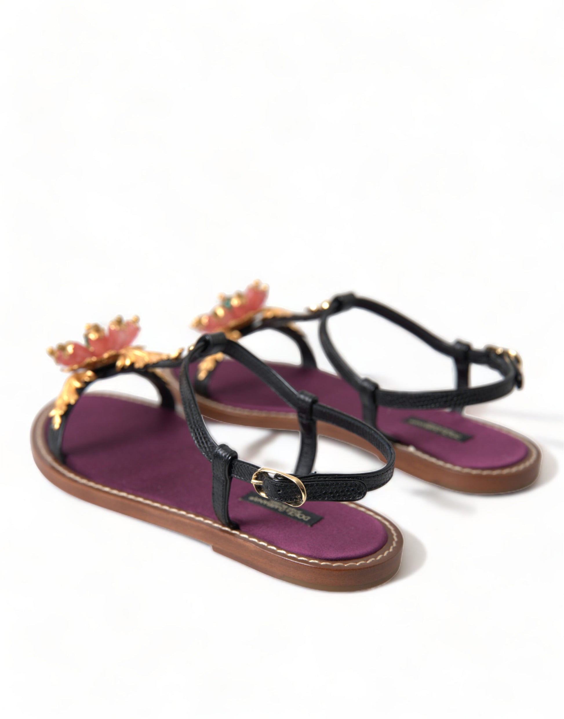 Schwarze Kristallgold-Sandalen aus Leder