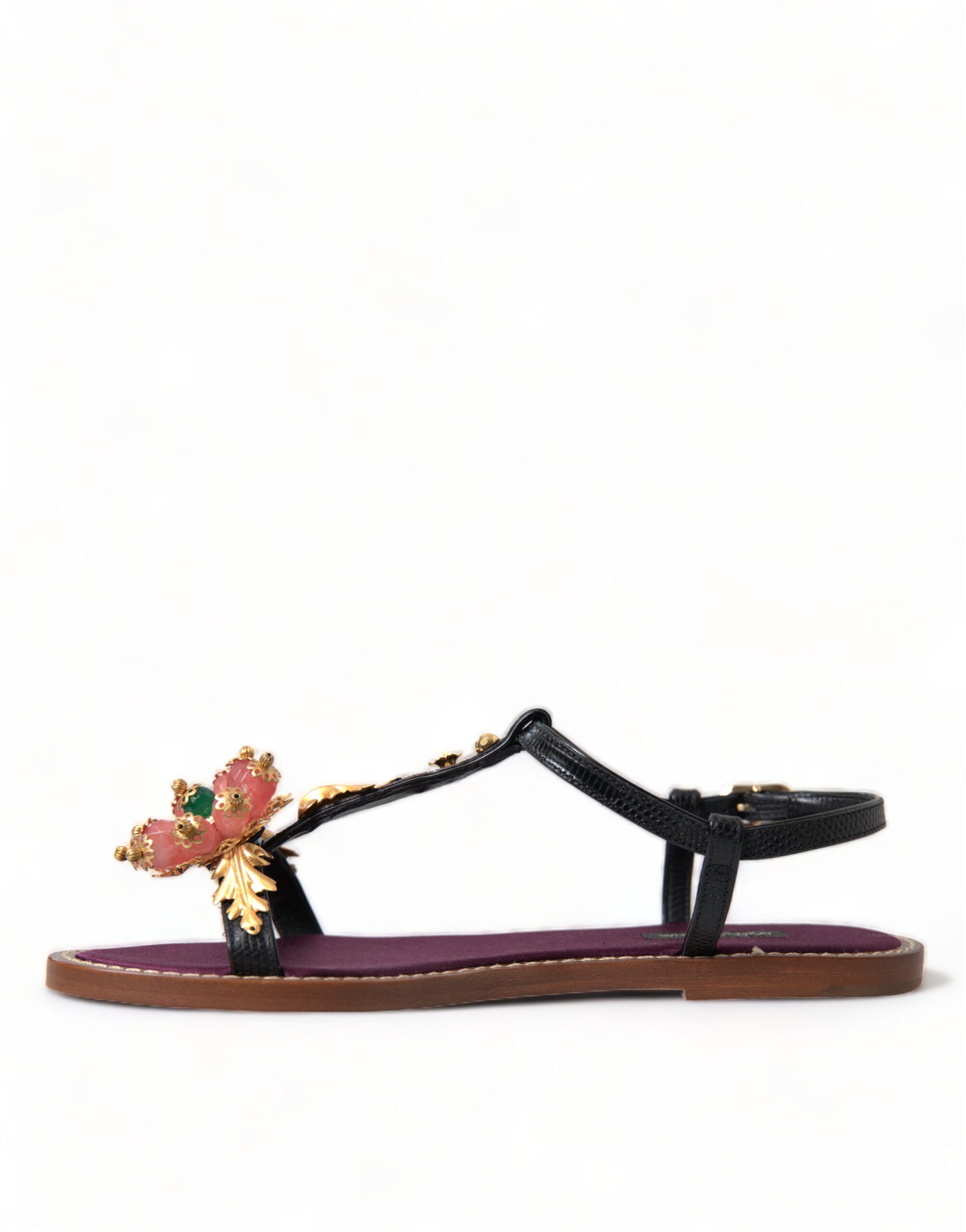 Schwarze Kristallgold-Sandalen aus Leder