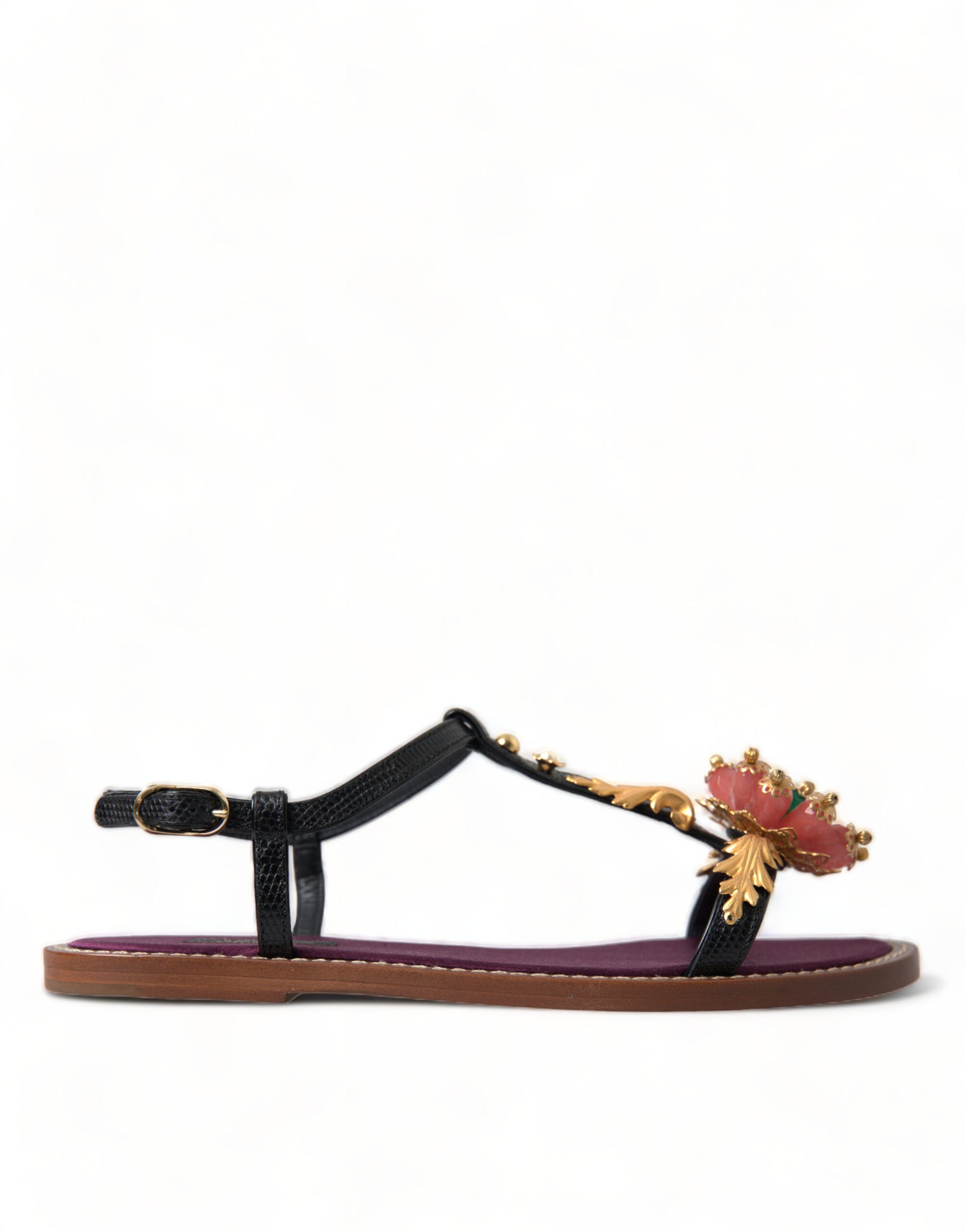Schwarze Kristallgold-Sandalen aus Leder