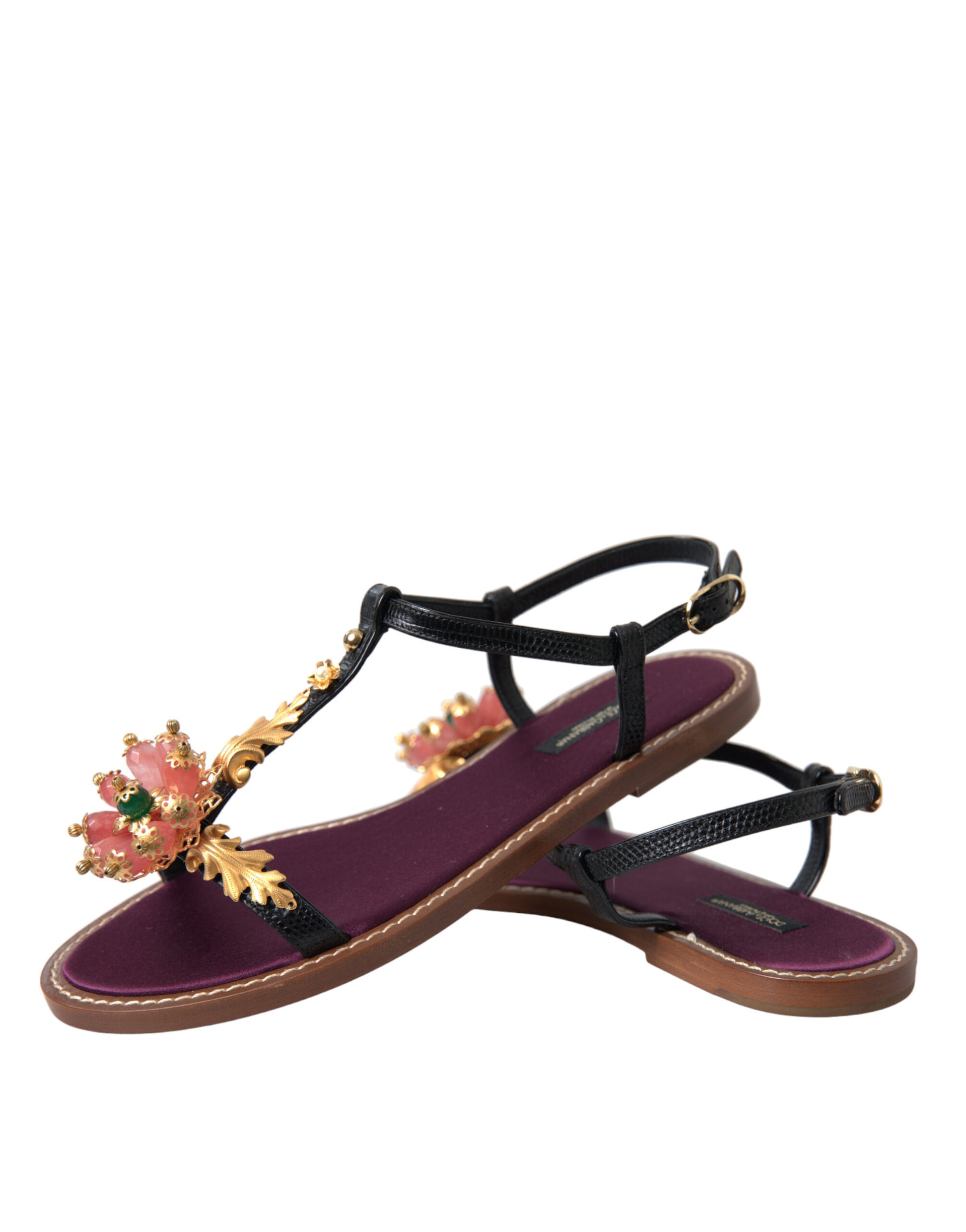 Schwarze Kristallgold-Sandalen aus Leder