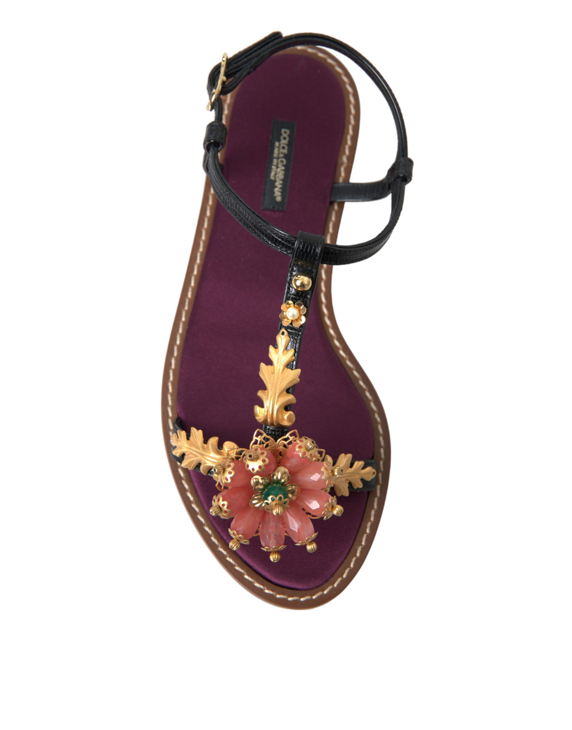 Schwarze Kristallgold-Sandalen aus Leder