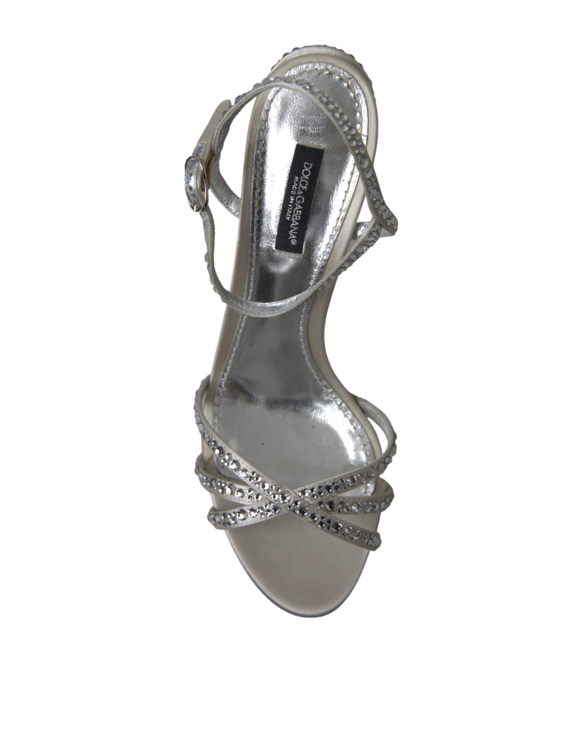 Silberne Sandalen mit Knöchelriemen und Kristallen