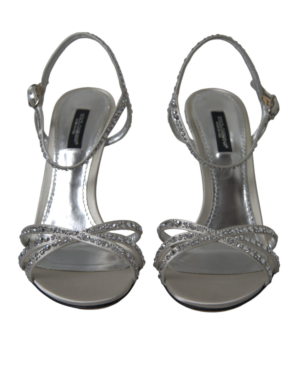Silberne Sandalen mit Knöchelriemen und Kristallen