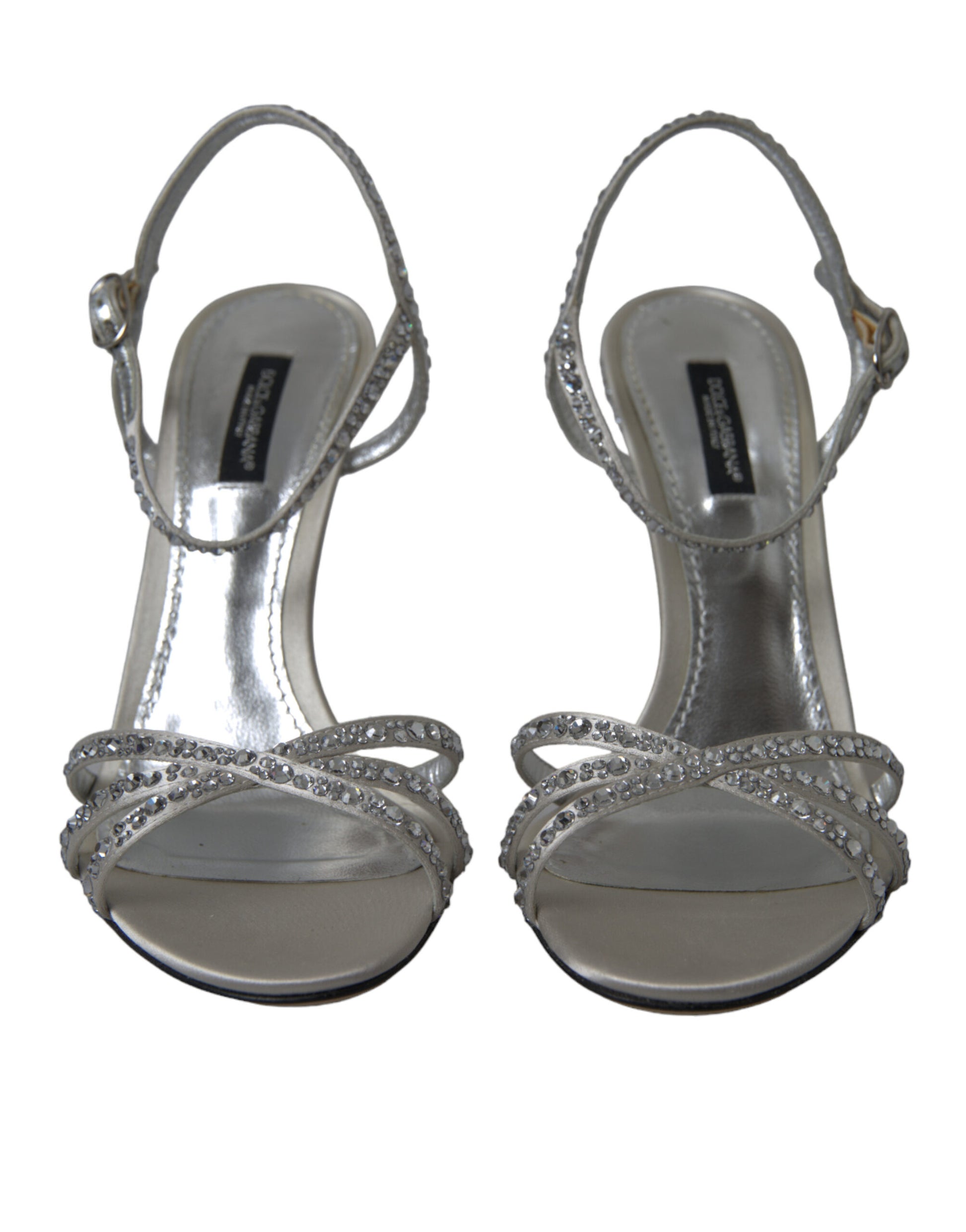 Silberne Sandalen mit Knöchelriemen und Kristallen
