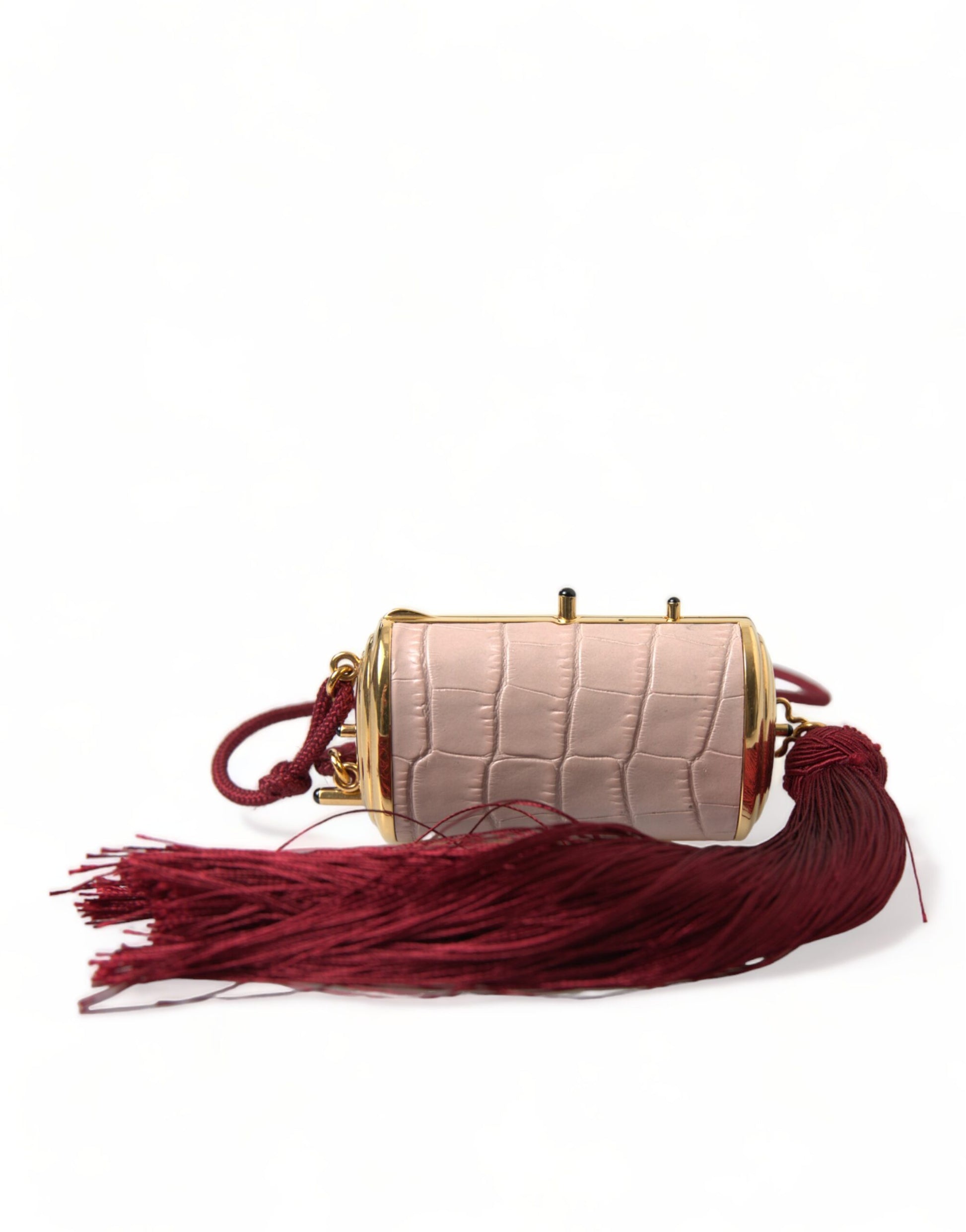 Rosafarbene Mini-Kosmetiktasche aus exotischem Leder mit Spiegel und Quaste
