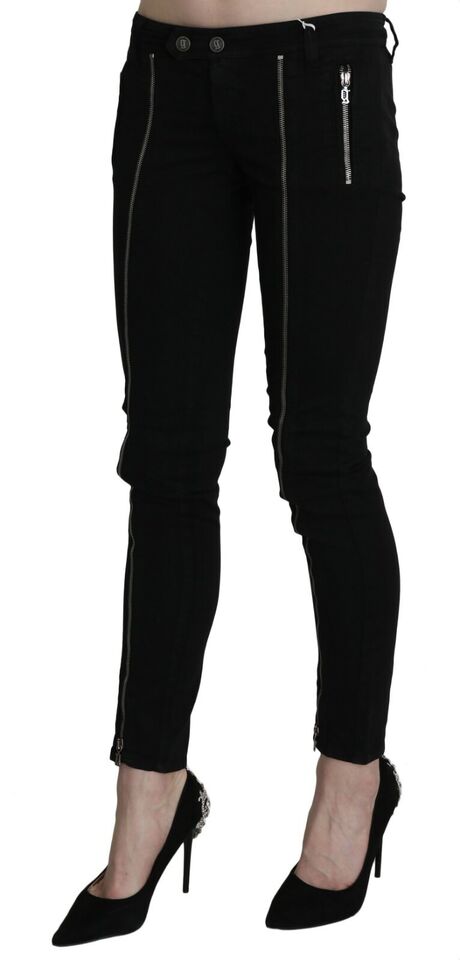 Schwarze, verkürzte Skinny-Jeanshose mit Reißverschluss und niedriger Taille
