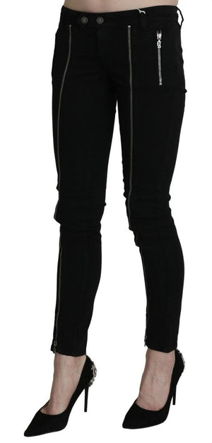 Schwarze, verkürzte Skinny-Jeanshose mit Reißverschluss und niedriger Taille