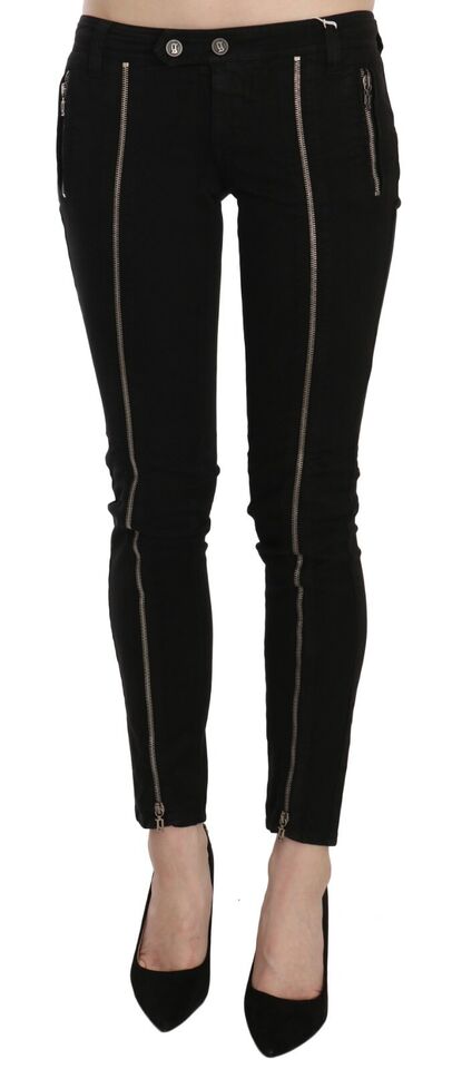 Schwarze, verkürzte Skinny-Jeanshose mit Reißverschluss und niedriger Taille
