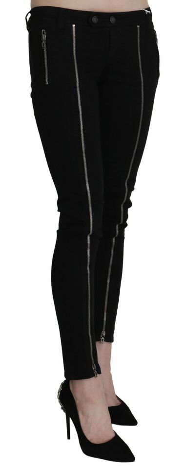 Schwarze, verkürzte Skinny-Jeanshose mit Reißverschluss und niedriger Taille