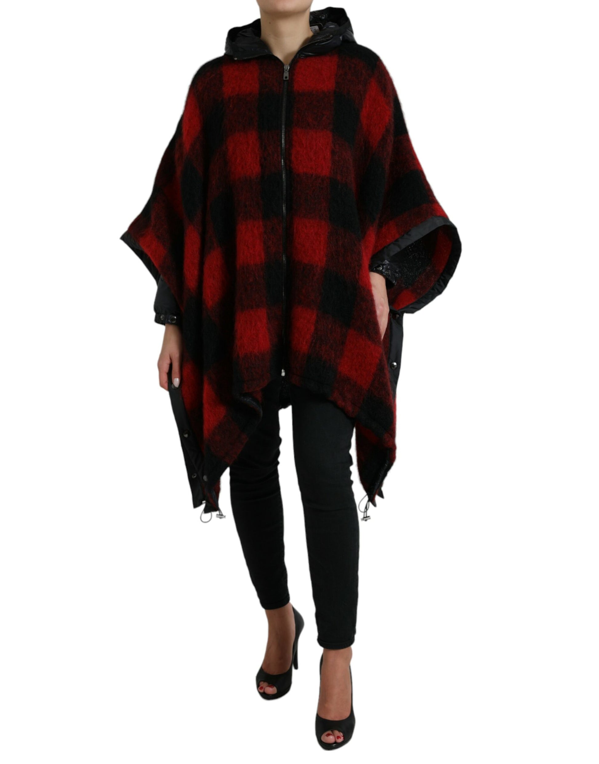 Schwarz-rote Poncho-Jacke mit Buffalo-Karomuster und Kapuze