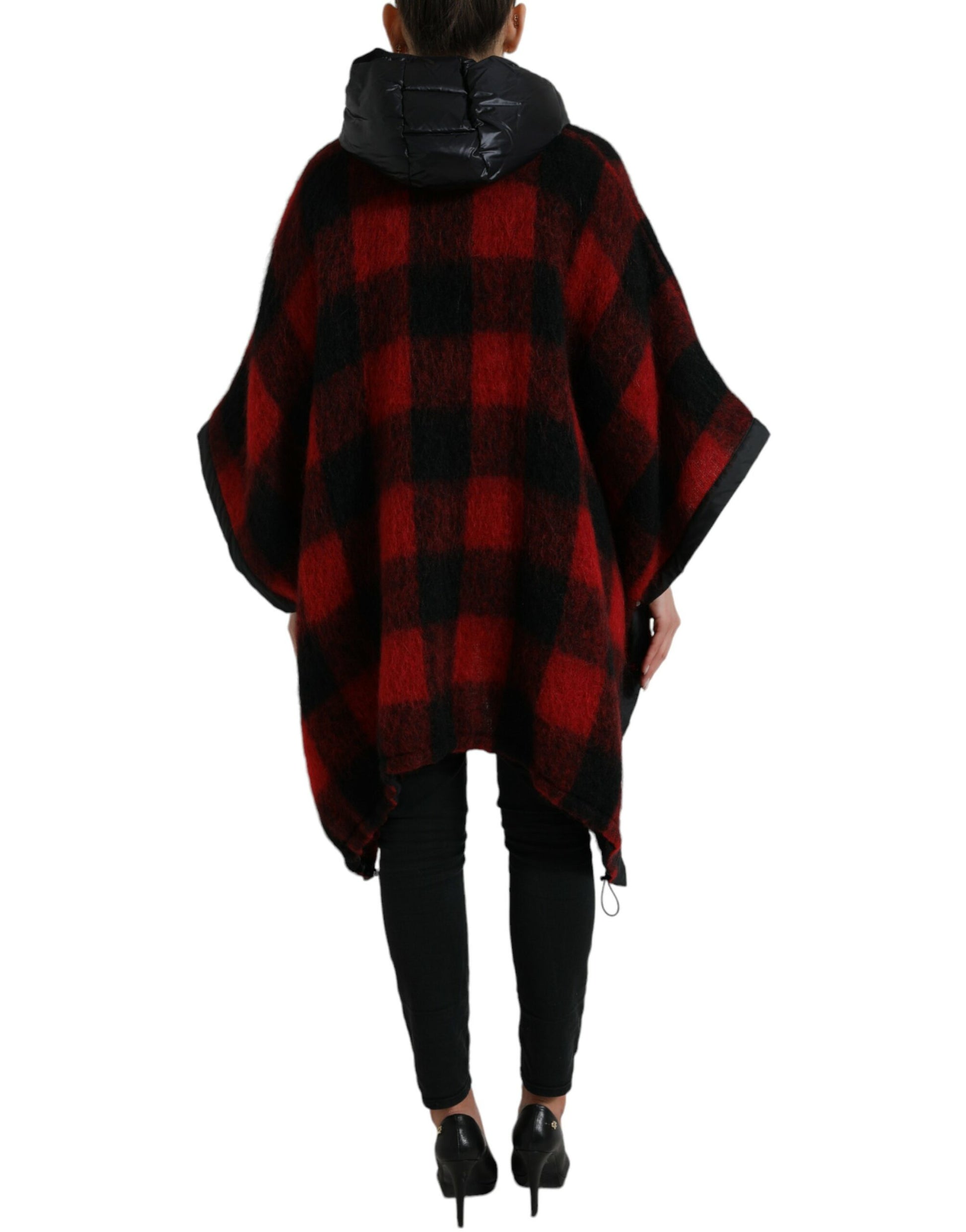 Schwarz-rote Poncho-Jacke mit Buffalo-Karomuster und Kapuze