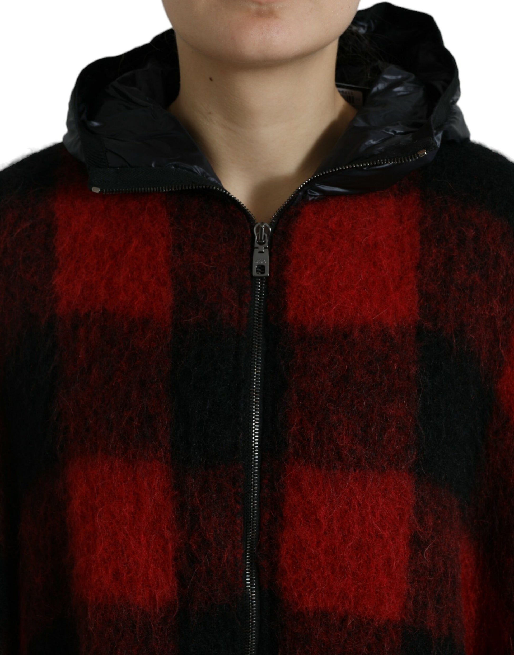 Schwarz-rote Poncho-Jacke mit Buffalo-Karomuster und Kapuze