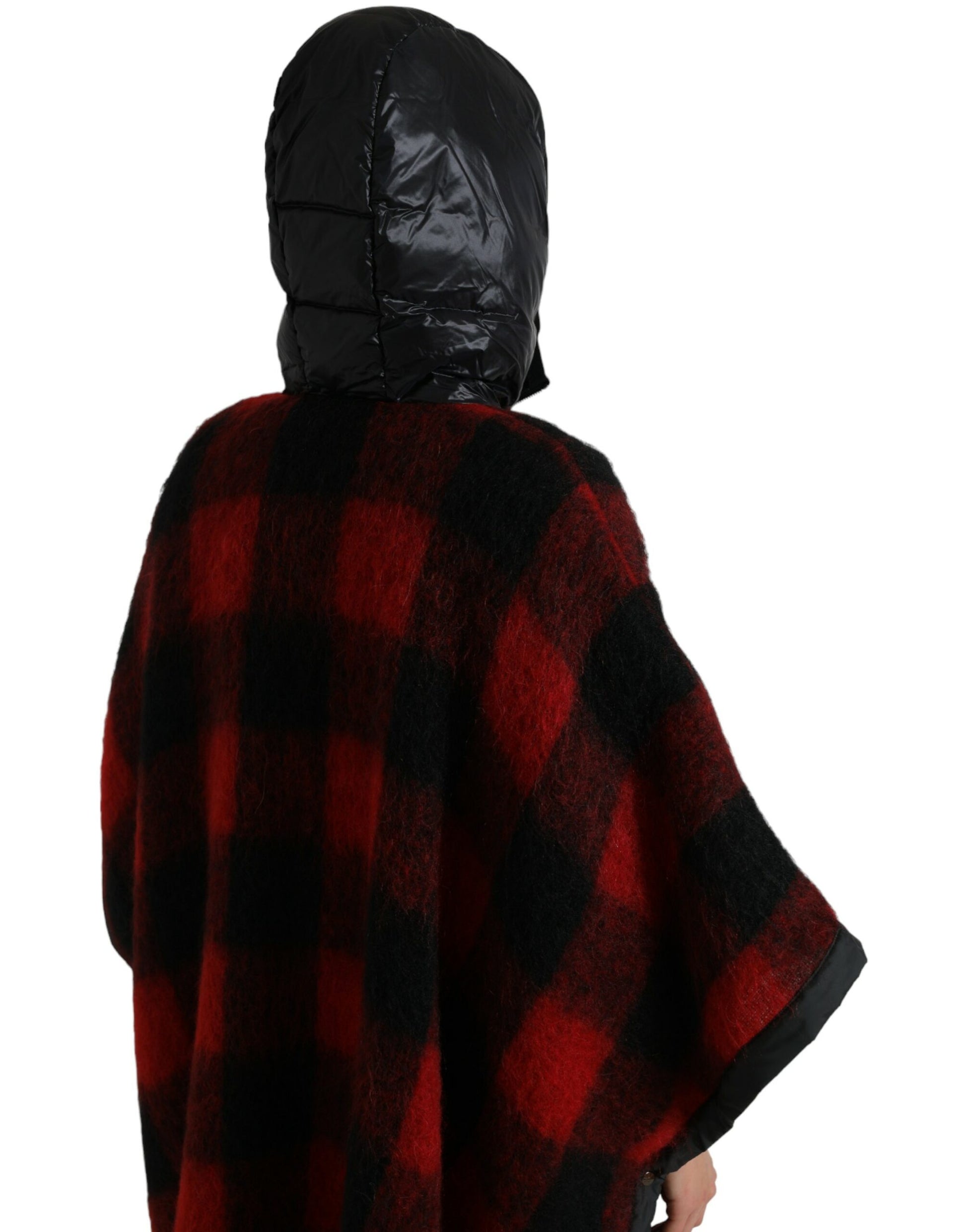 Schwarz-rote Poncho-Jacke mit Buffalo-Karomuster und Kapuze