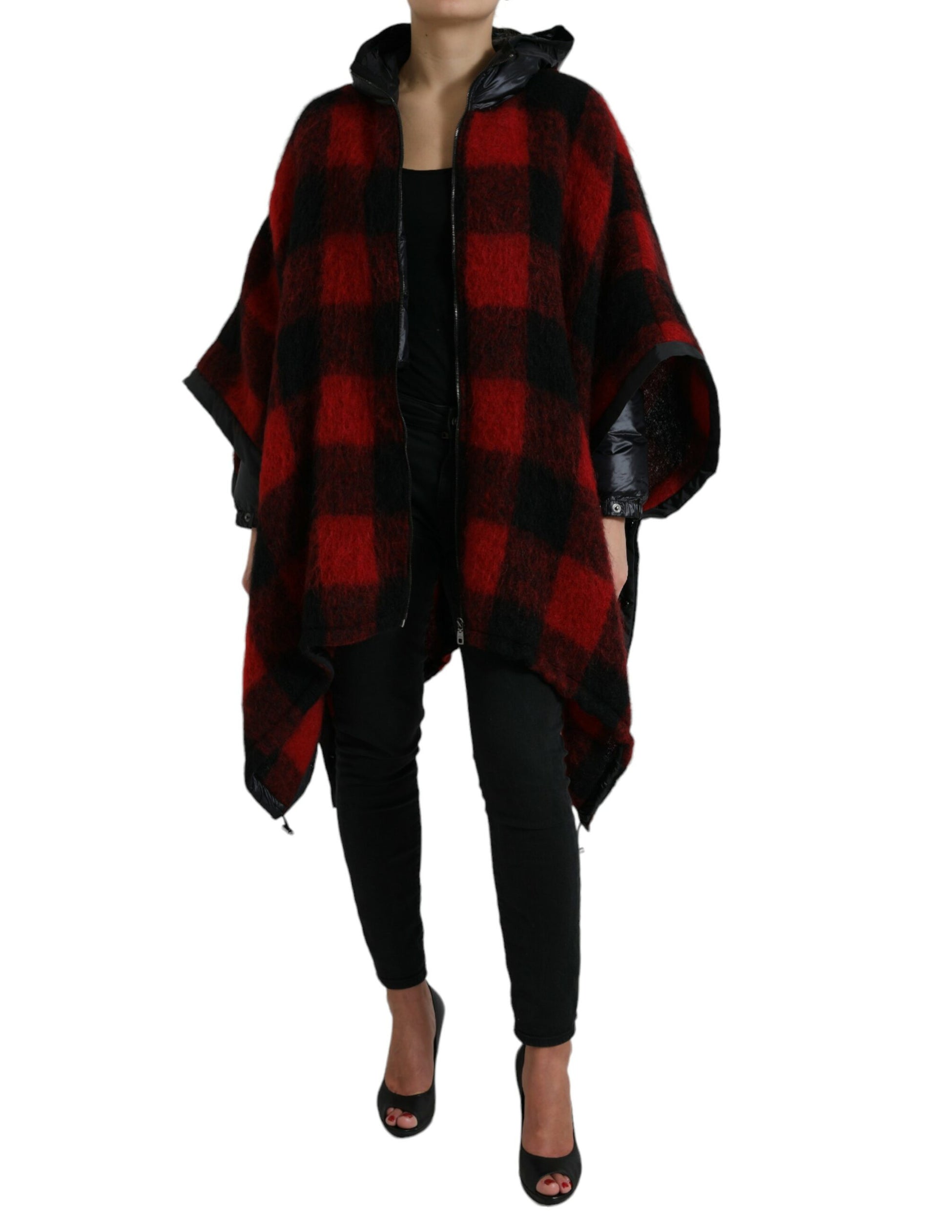 Schwarz-rote Poncho-Jacke mit Buffalo-Karomuster und Kapuze
