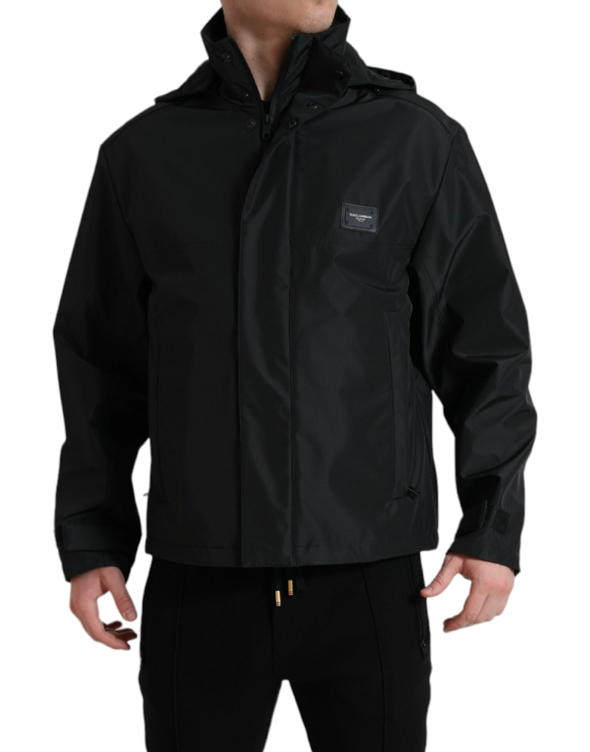 Schwarze Kapuzenjacke aus Polyester mit Logo-Plakette