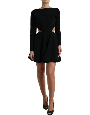 Schwarzes Minikleid aus Viskose mit Cut-Outs in A-Linie und langen Ärmeln