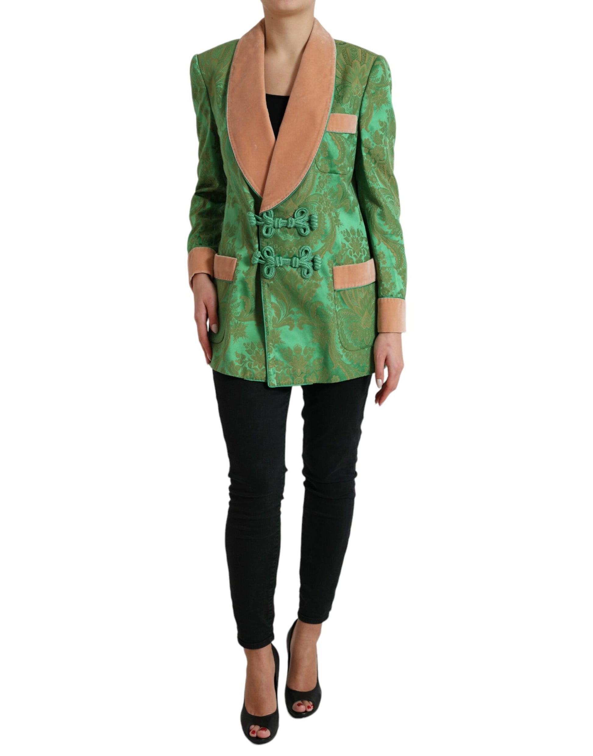 Grüne, zweireihige Manteljacke mit Blumenmuster
