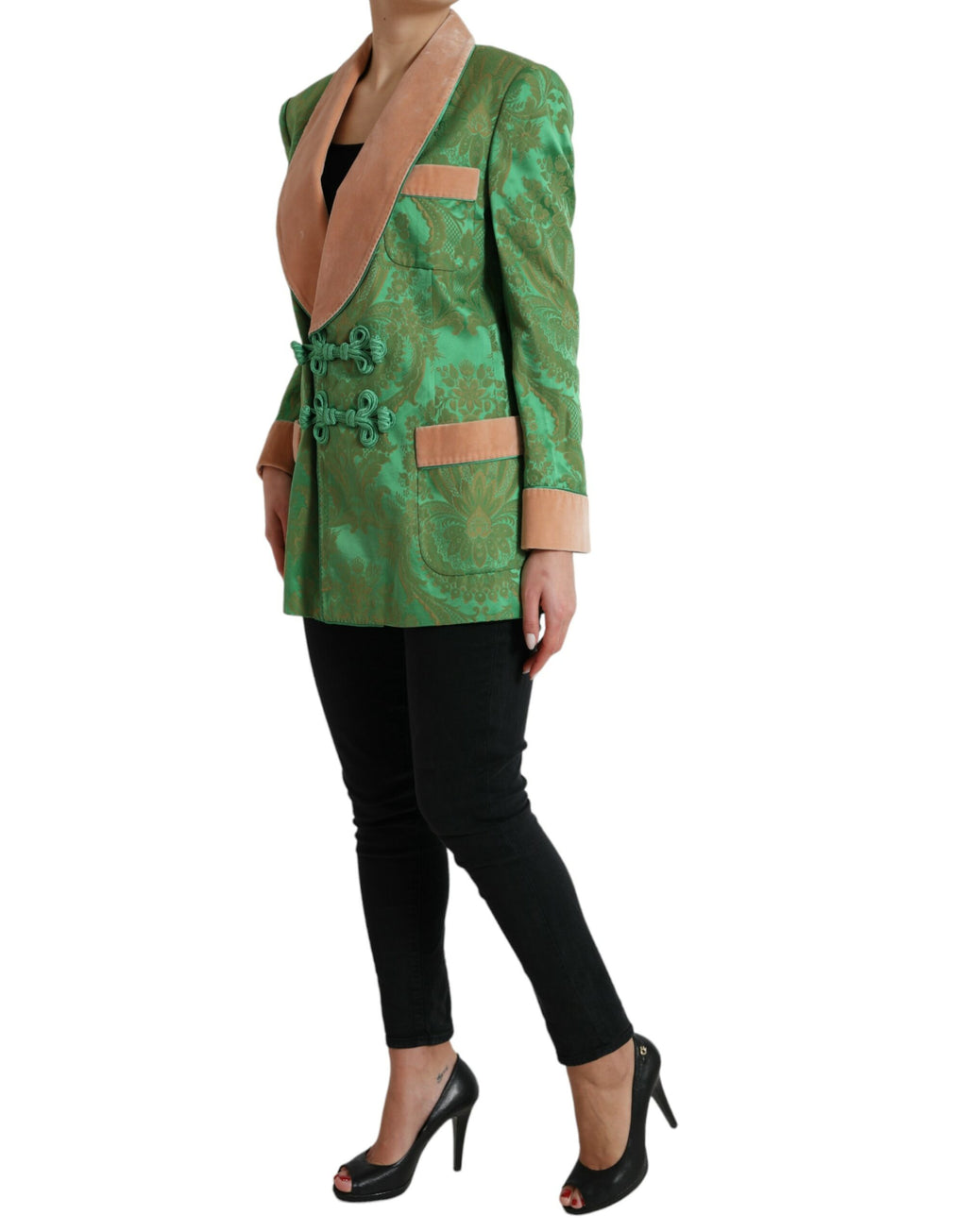 Grüne, zweireihige Manteljacke mit Blumenmuster