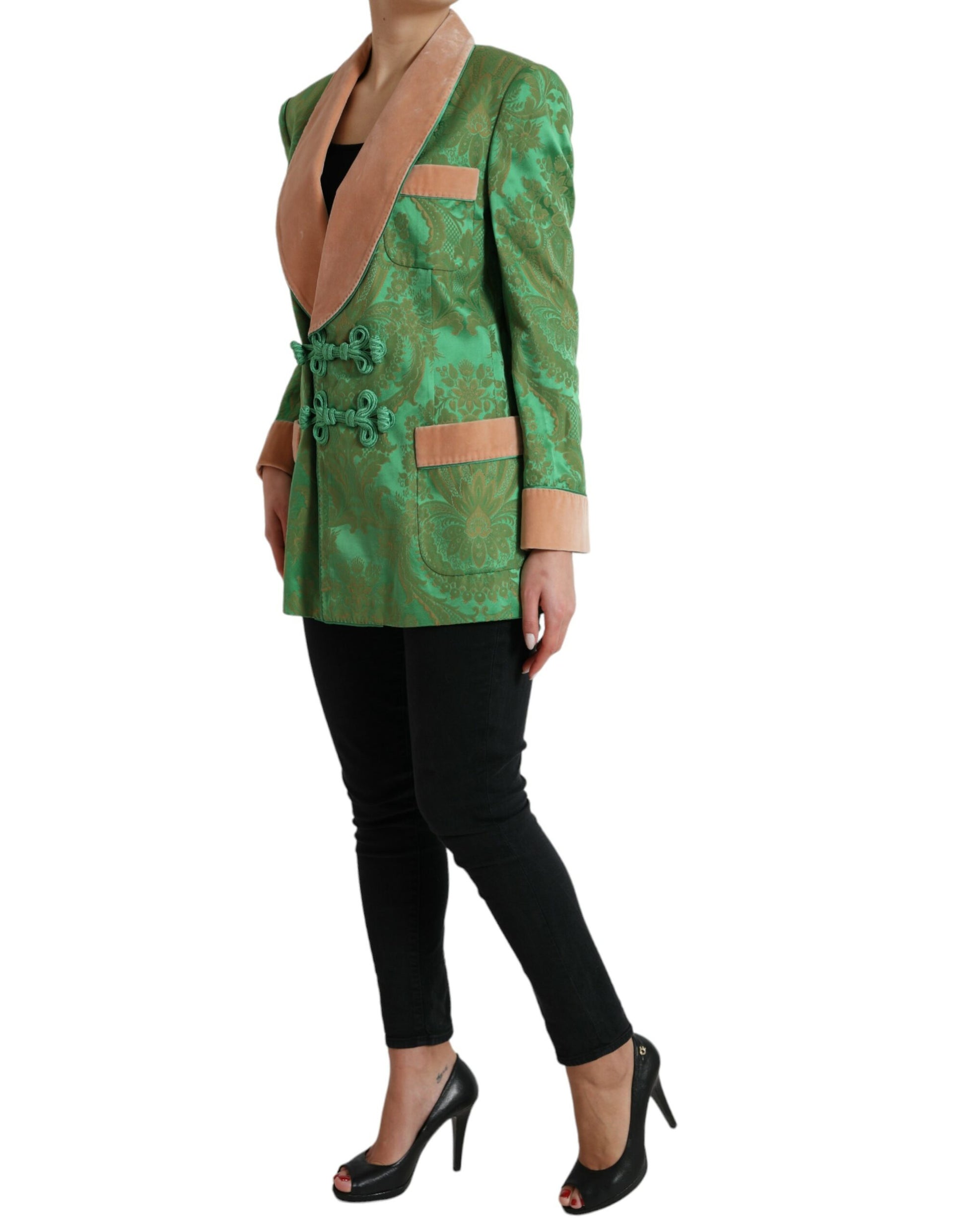 Grüne, zweireihige Manteljacke mit Blumenmuster