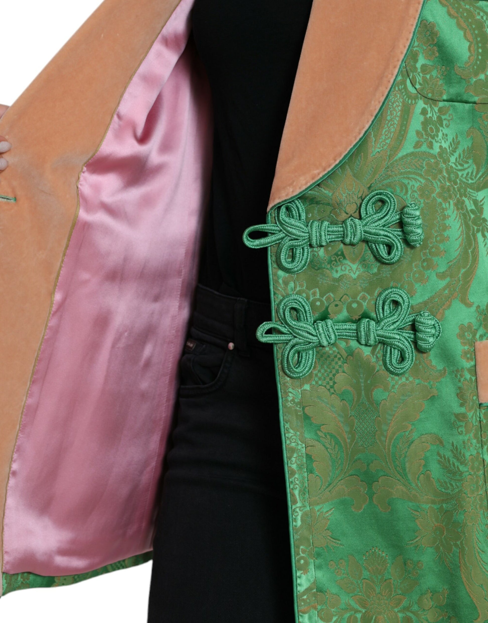 Grüne, zweireihige Manteljacke mit Blumenmuster